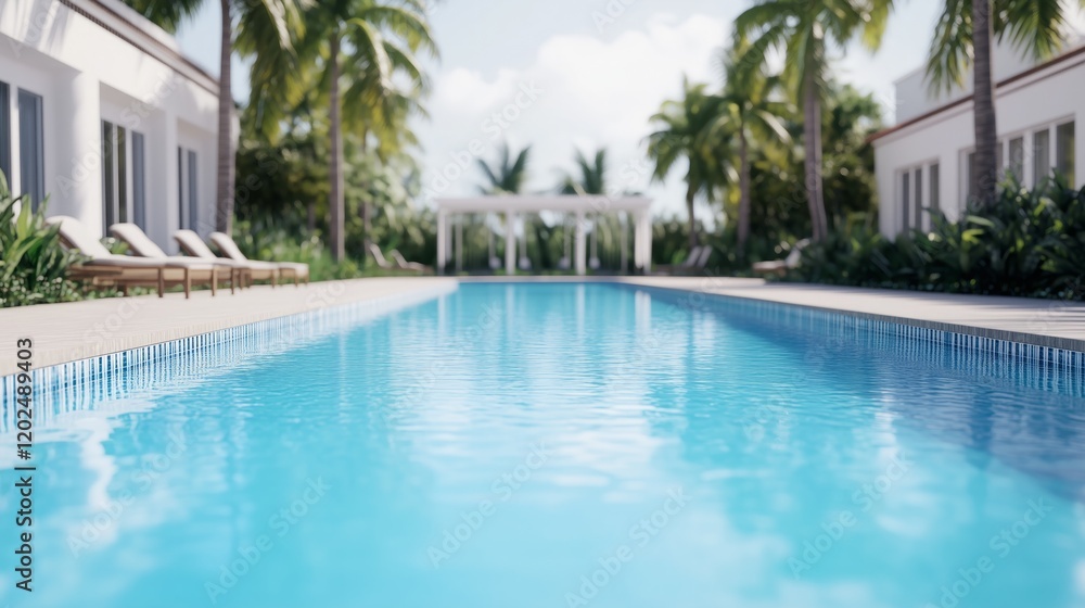 Fototapeta premium Resort swimming pool surrounded by palm trees and luxurious lounging areas under a clear blue sky