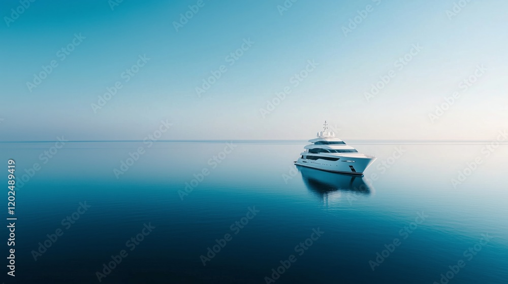 Luxury yacht gliding through still waters at sunrise with clear sky reflecting on the surface Luxury yacht gliding through still waters at sunrise with clear sky reflecting on the surface