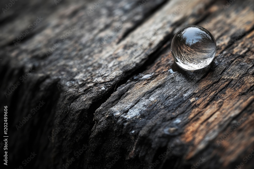 A glass sphere rests on weathered wood, reflecting a miniature inverted world. A glass sphere rests on weathered wood, reflecting a miniature inverted world.