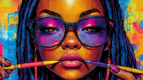 Vibrant Portrait of a Black Woman Artist with Paintbrush