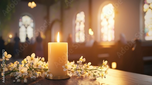 Candlelight and blossoms create a serene atmosphere in a church during evening worship with stained glass windows illuminating the space. Generative AI