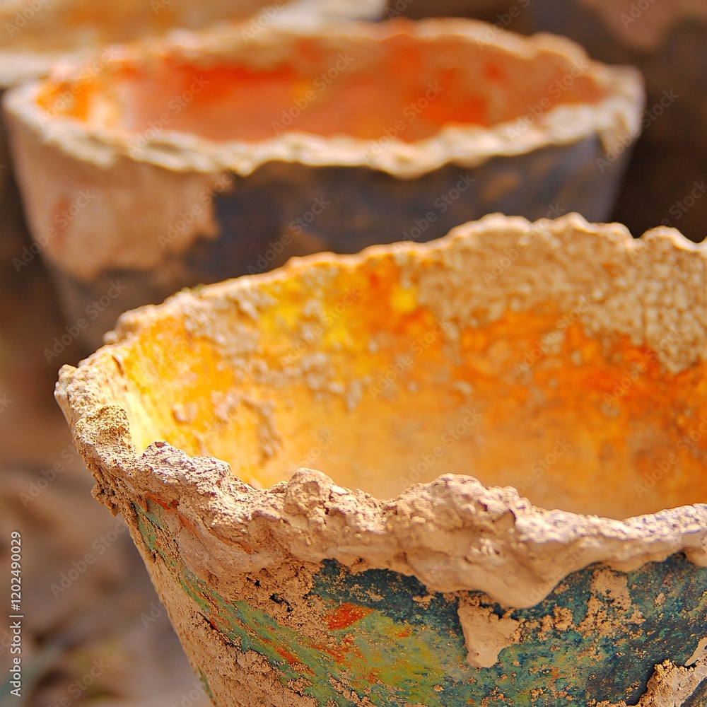Fototapeta premium Closeup Rustic Textured Ceramic Pots Orange Yellow Green