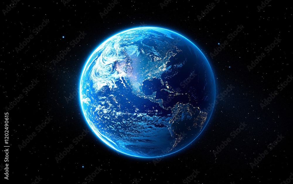 Fototapeta premium Stunning Blue Earth Planet Night View from Space