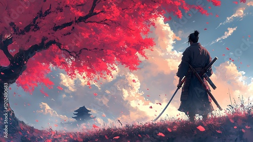 Samurai Stands Beneath Crimson Tree During Sunset