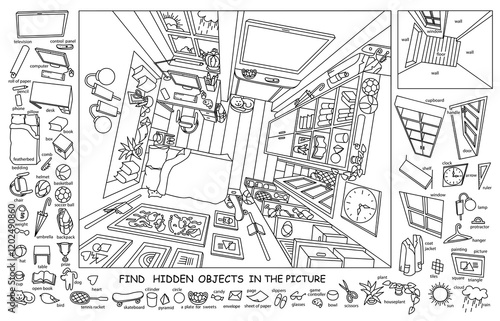 Find and color hidden objects in the picture. Interrior of teenager’s room from above with furniture and home objects. Cozy children room. Linear sketch vector illustration