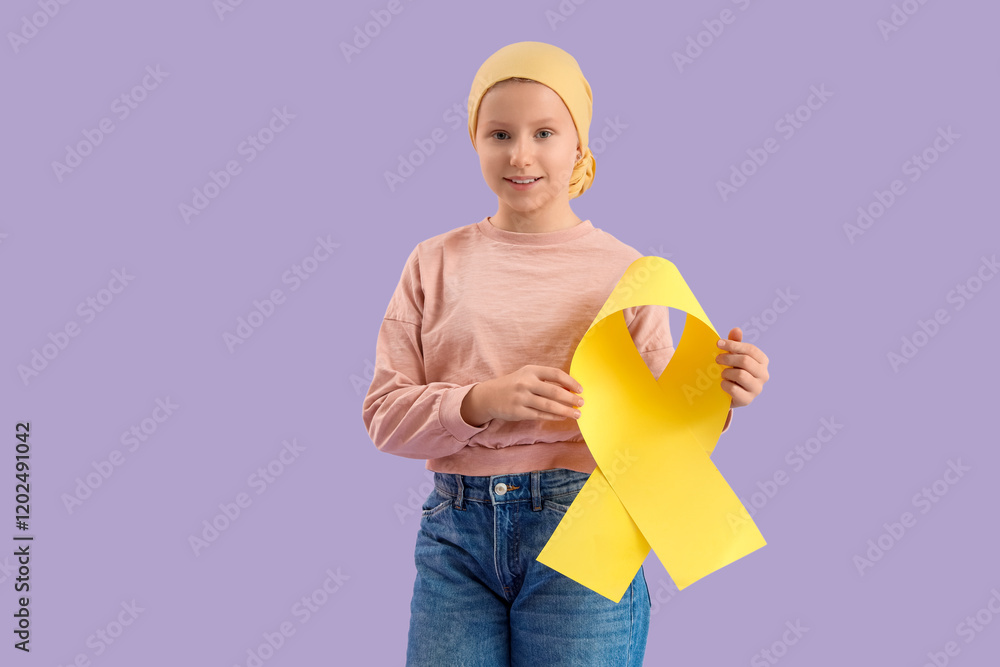 Little girl with childhood cancer awareness ribbon on lilac background Little girl with childhood cancer awareness ribbon on lilac background