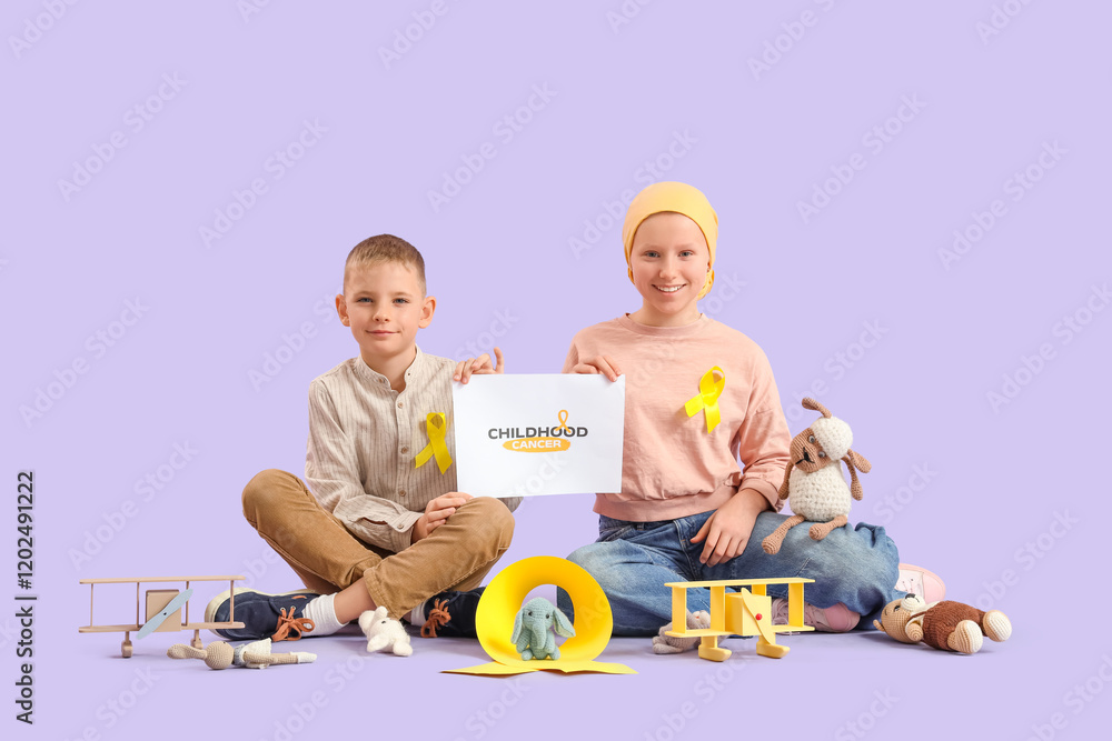 Φωτογραφία Little children with childhood cancer awareness ribbons, paper and toys on lilac