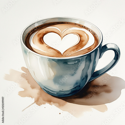 watercolor illustration of a coffee cup with latte art in the shape of a heart. Created in Pantone 2025 shades. Perfect for designs related to coffee, morning routines, relaxation photo