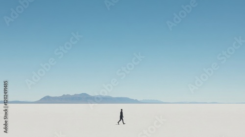 Solitary figure walking across vast salt flat under clear blue sky, mountains in distance.