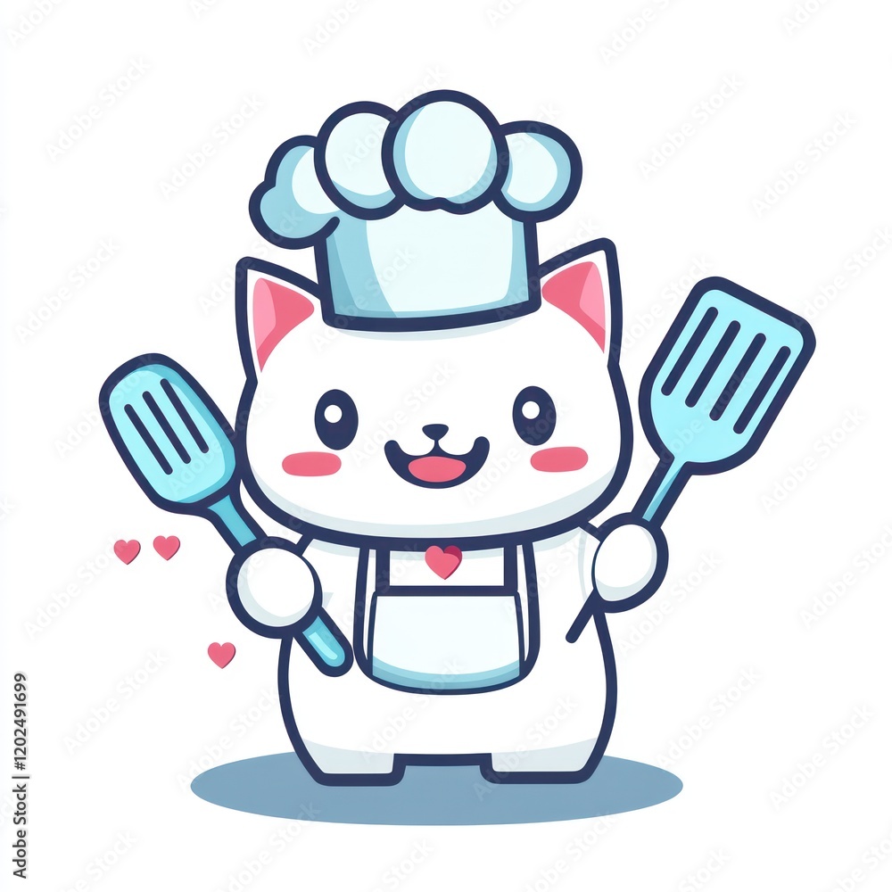 White cat with chef hat holding blue spatulas on white background for cooking use White cat with chef hat holding blue spatulas on white background for cooking use