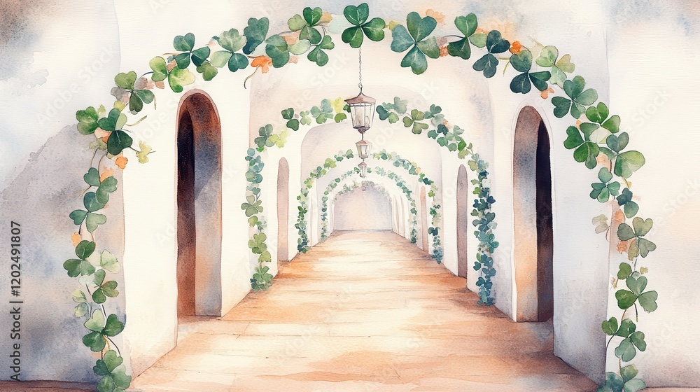 Fototapeta premium A serene hallway adorned with lush green vines, creating a peaceful and inviting atmosphere.
