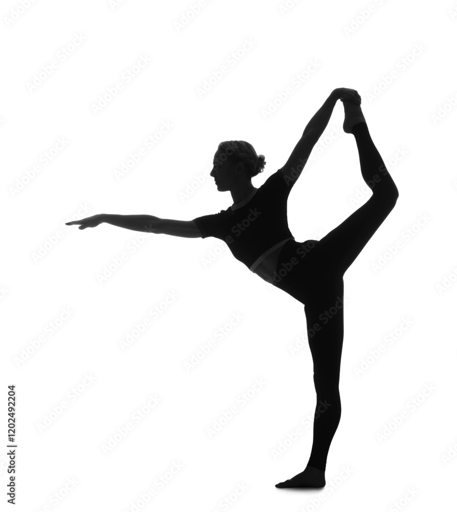 Obraz premium Silhouette of young woman practicing yoga on white background