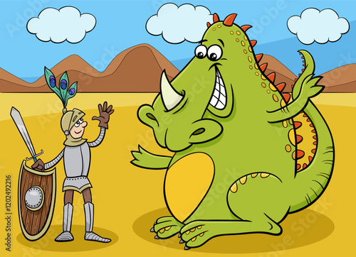 cartoon dragon and knight fantasy characters having a friendly talk