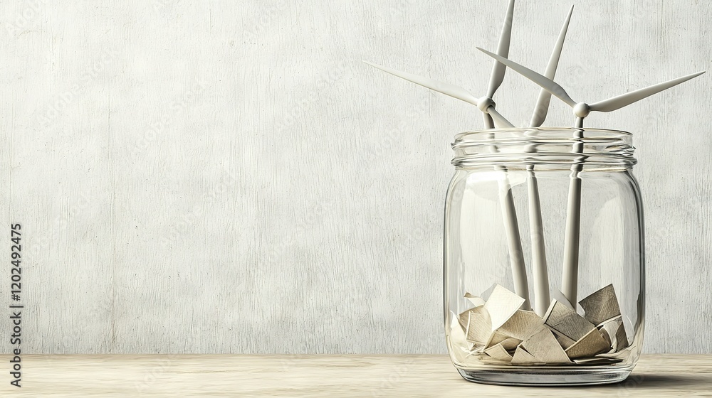 Obraz premium A glass jar containing origami sits on a wooden table alongside a vase with a plant inside