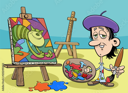 funny cartoon artist painter character in his studio