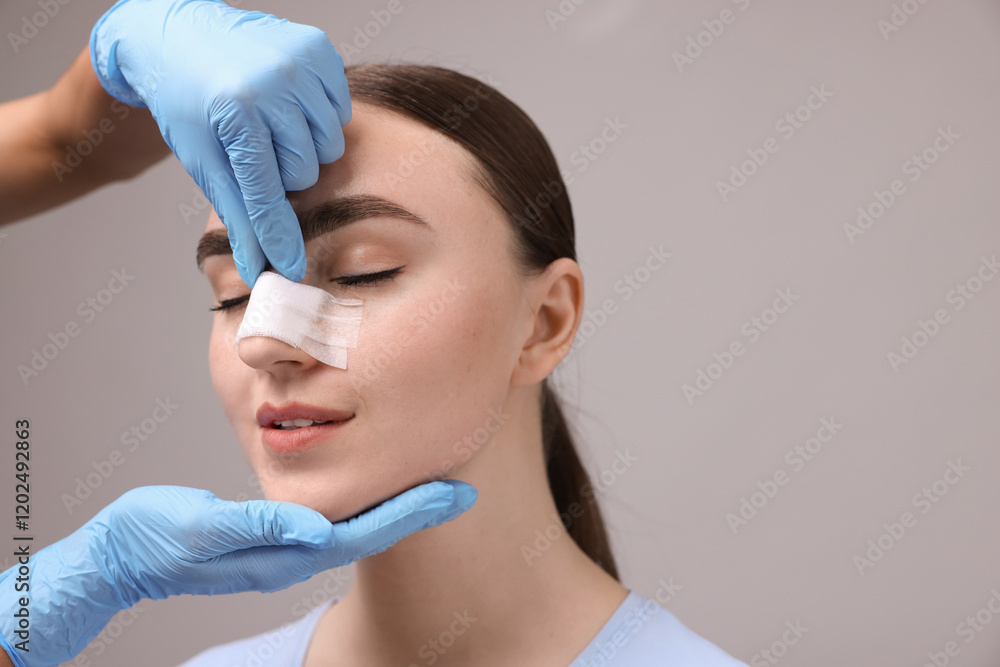 Doctor checking patient's nose after plastic surgery operation on grey background, closeup. Space for text Doctor checking patient's nose after plastic surgery operation on grey background, closeup. Space for text