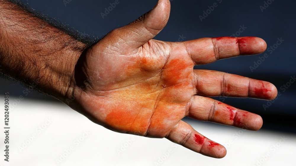 Fototapeta premium Closeup of a Hand with Orange and Red Stains