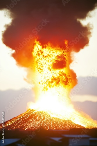 Erupting Mount Yasur Volcano at Night with Lava and Ash Emissions from the Crater in Vanuatu's Tanna Island photo