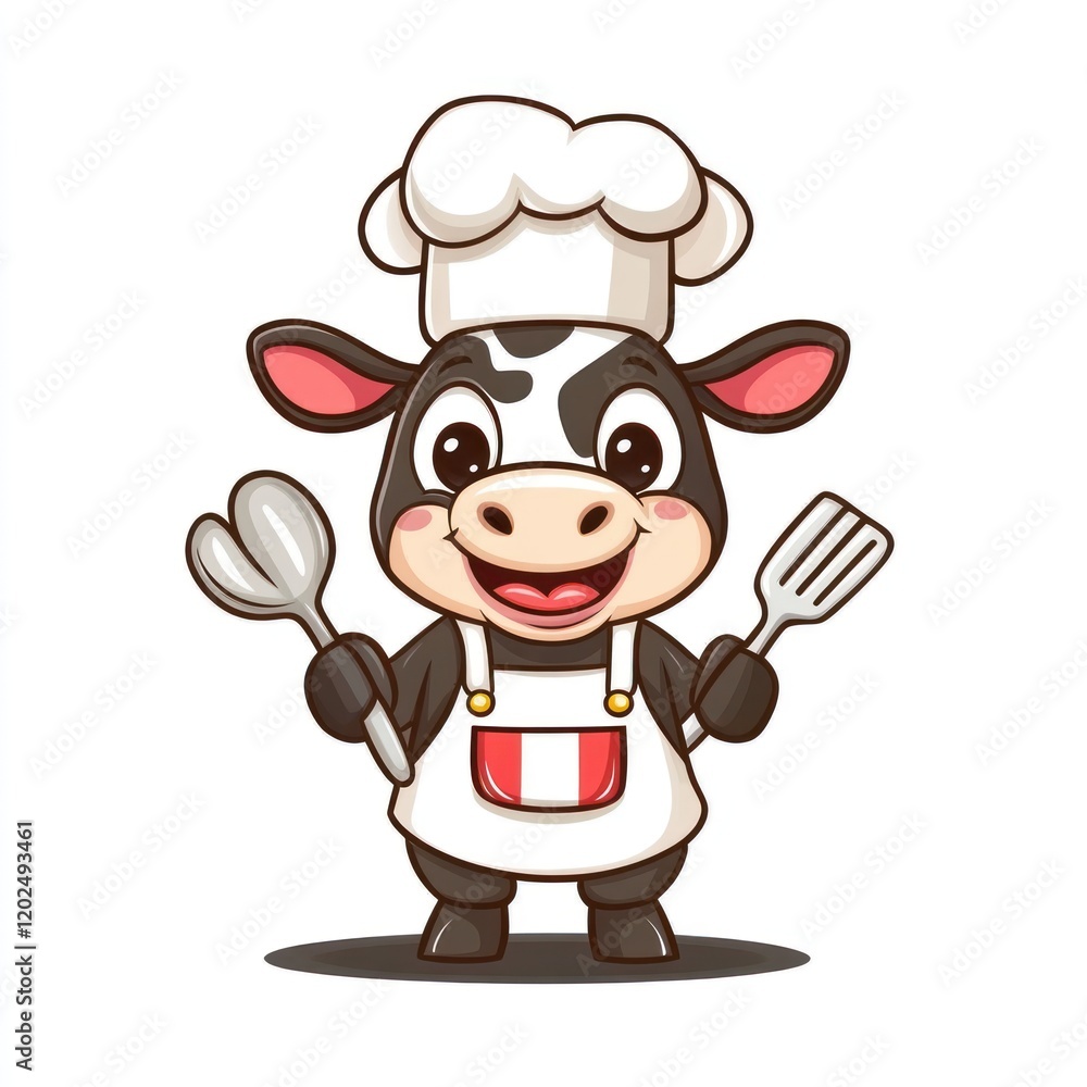 Cartoon cow chef holding cooking utensils, wearing hat and apron, for kids food ads Cartoon cow chef holding cooking utensils, wearing hat and apron, for kids food ads