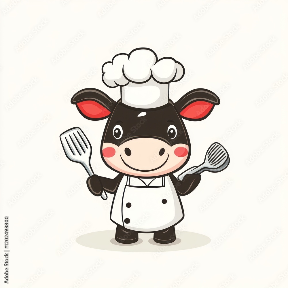 Cartoon cow chef with utensils on white background, for children?s content Cartoon cow chef with utensils on white background, for children?s content