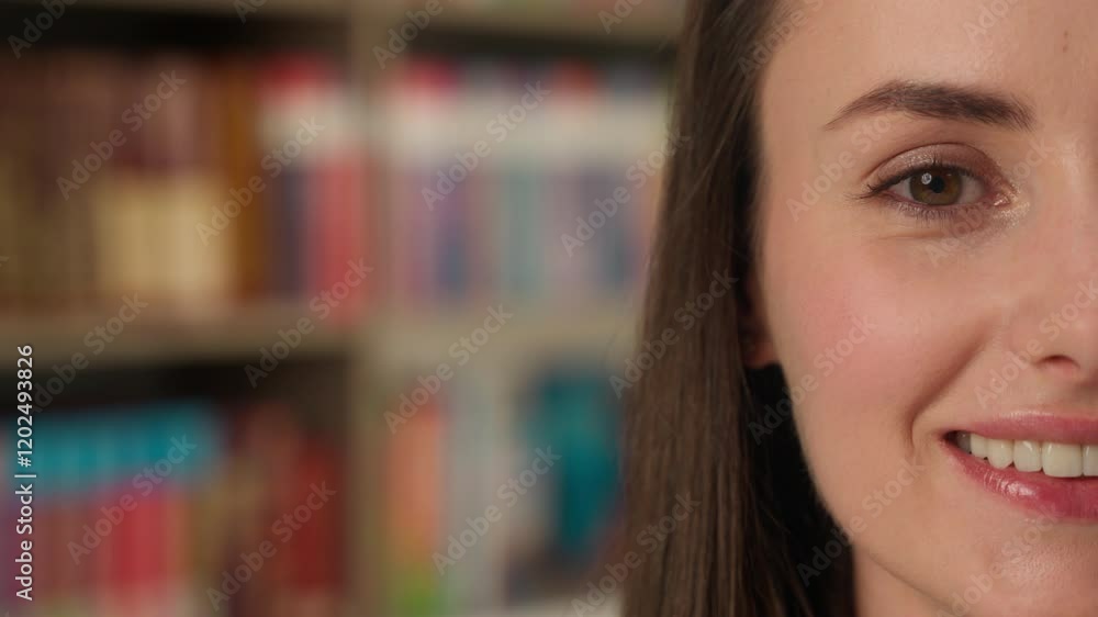 Close up half face cropped view Caucasian woman female smiling lady happy girl businesswoman business enjoy teacher looking at camera portrait health feminine indoor library beautiful young student Close up half face cropped view Caucasian woman female smiling lady happy girl businesswoman business enjoy teacher looking at camera portrait health feminine indoor library beautiful young student