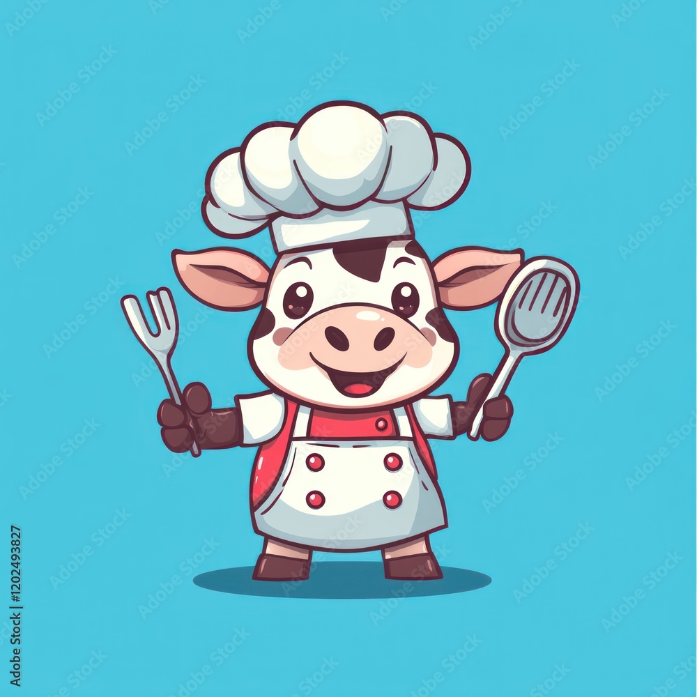 Cow chef holding utensils on blue backdrop, cartoon graphic, kitchen, food, menu