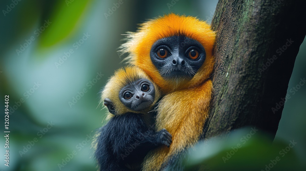 Fototapeta premium Golden langur mother, baby, rainforest, tree, wildlife conservation