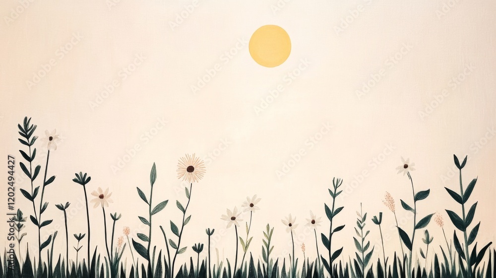 Obraz premium Minimalist illustration of wildflowers and sun.