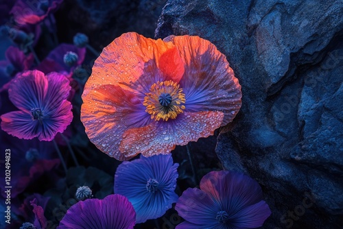 Wallpaper Mural Dew-kissed poppy blooms in vibrant hues against a dark, textured rock. Torontodigital.ca