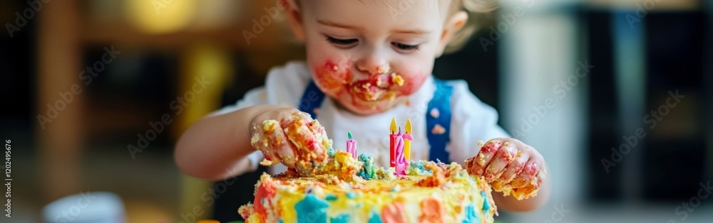 Cheerful toddler is having a blast digging into a vibrant birthday cake, creating a delightful mess with frosting and candy. A heartwarming moment full of laughter and fun Cheerful toddler is having a blast digging into a vibrant birthday cake, creating a delightful mess with frosting and candy. A heartwarming moment full of laughter and fun