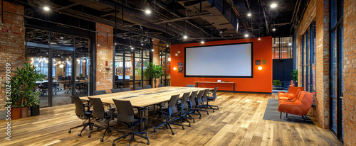 Modern industrial-style meeting room with wooden floors, exposed brick, and large screen