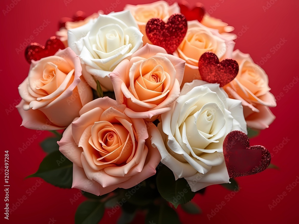 Fototapeta premium A festive arrangement of white and peach roses with red hearts on a red background, designed for Valentine's Day joy, generative ai