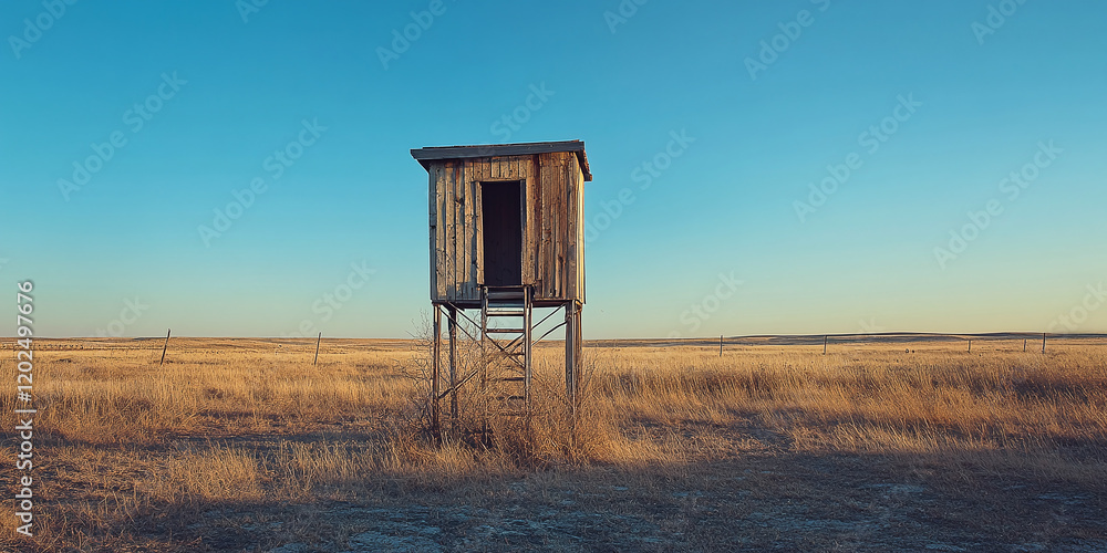 A solitary wooden watchtower rises in an expansive golden field at sunset, embodying isolation, vigilance, and timelessness against a clear, warm-toned sky. A solitary wooden watchtower rises in an expansive golden field at sunset, embodying isolation, vigilance, and timelessness against a clear, warm-toned sky.