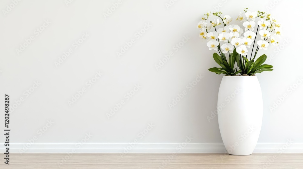 White orchids in vase against white wall, minimalist interior design, home decor White orchids in vase against white wall, minimalist interior design, home decor