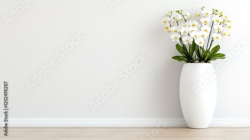 Wallpaper Mural White orchids in vase against white wall, minimalist interior design, home decor Torontodigital.ca