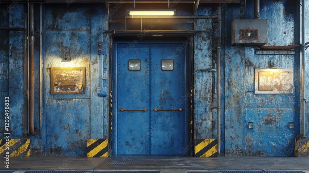 Industrial Blue Door: A weathered blue double door set in a rustic, industrial metal wall, accented with yellow and black hazard stripes, evokes a sense of mystery and forgotten stories. Industrial Blue Door: A weathered blue double door set in a rustic, industrial metal wall, accented with yellow and black hazard stripes, evokes a sense of mystery and forgotten stories.