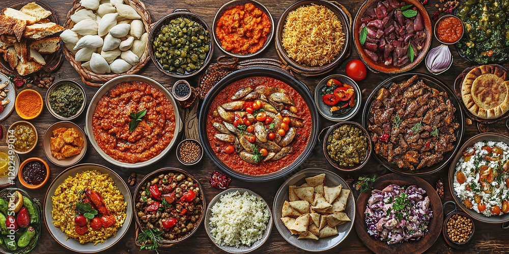 A vibrant assortment of international dishes arranged on a wooden table, including stews, rice, bread, and salads, showcasing diverse flavors and culinary traditions A vibrant assortment of international dishes arranged on a wooden table, including stews, rice, bread, and salads, showcasing diverse flavors and culinary traditions