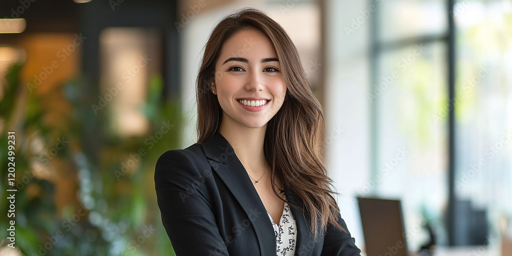 Obraz premium Confident young businesswoman smiling in a bright modern office with natural light and greenery in the background. A professional corporate portrait capturing success.