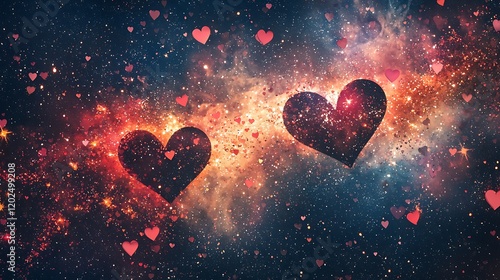 Glittering stars and hearts aligning in a cosmic dance, symbolizing love on Valentinea??s Day photo