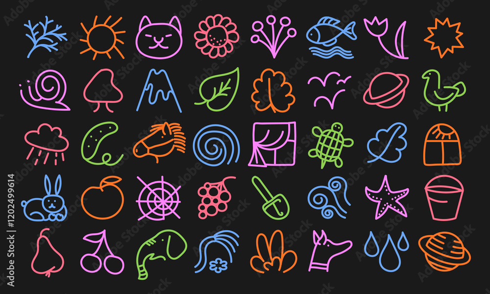 Naklejka premium Forty cute doodles imitating children's drawings. Plants, animals, natural elements. Vector set