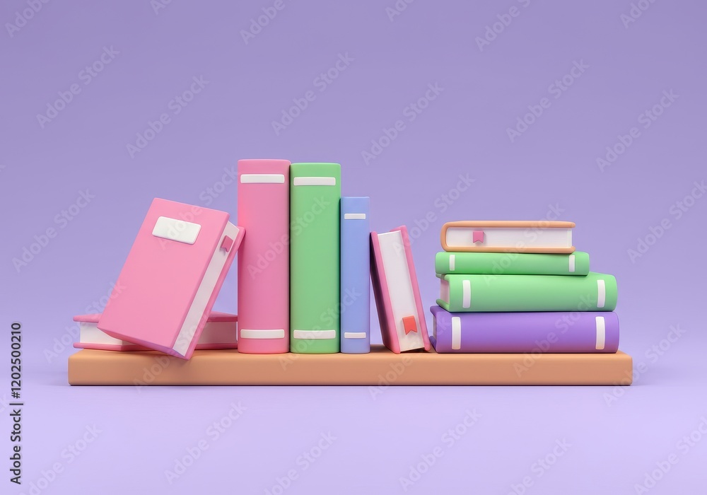 A 3D illustration of colorful books arranged on a shelf featuring a variety of sizes and pastel shades like pink, purple, green and orange A 3D illustration of colorful books arranged on a shelf featuring a variety of sizes and pastel shades like pink, purple, green and orange