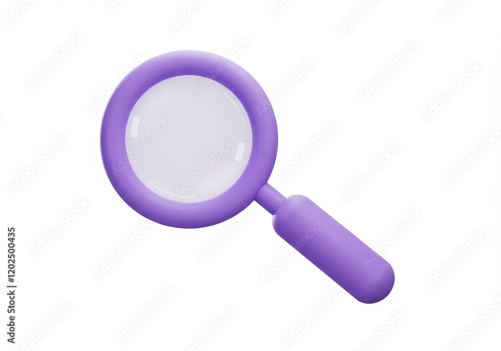 A 3D illustration of a sleek modern purple magnifying glass with a rounded handle A 3D illustration of a sleek modern purple magnifying glass with a rounded handle