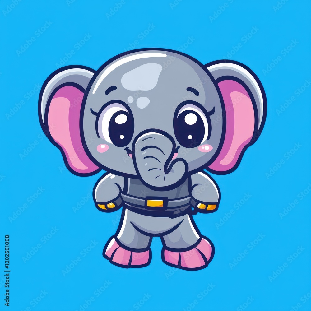 Fototapeta premium Cute gray cartoon elephant stands on a solid blue background, for children's content