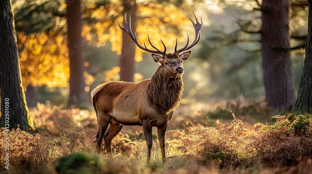 Majestic Red Deer in Golden Light at Dusk Standing in a Forest Environment Majestic Red Deer in Golden Light at Dusk Standing in a Forest Environment