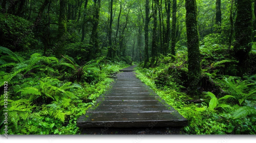 Obraz premium Rainy forest path, lush greenery, tranquil nature walk, peaceful background, ideal for travel brochures