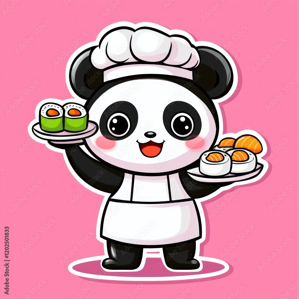 Panda chef holds sushi plates, pink background, for menus and food ads, cartoon Panda chef holds sushi plates, pink background, for menus and food ads, cartoon