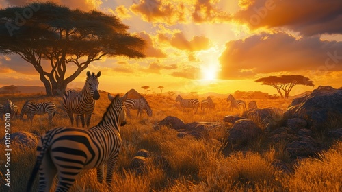 Zebra herd at sunset in African savanna (1)