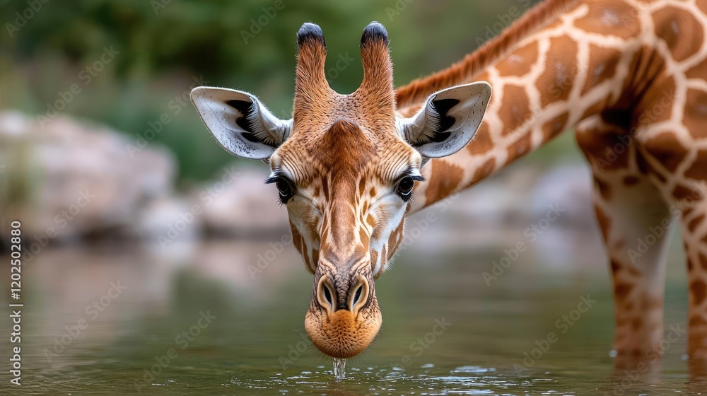 Obraz premium Giraffe drinking water, wildlife park, nature background, zoo animal portrait, stock photo