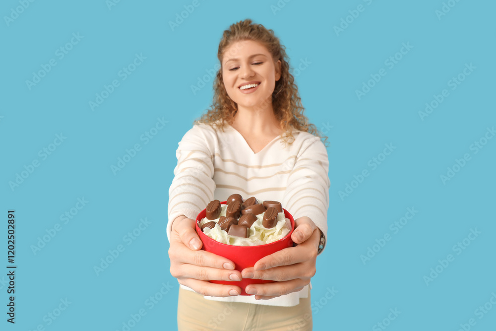 Beautiful young woman with box of sweet chocolate candies on blue background Beautiful young woman with box of sweet chocolate candies on blue background