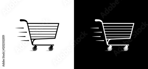 Shopping cart icon vector on white and black background. Supermarket trolley symbol design to use for e-commerce, online shopping cart, web commerce design projects. 